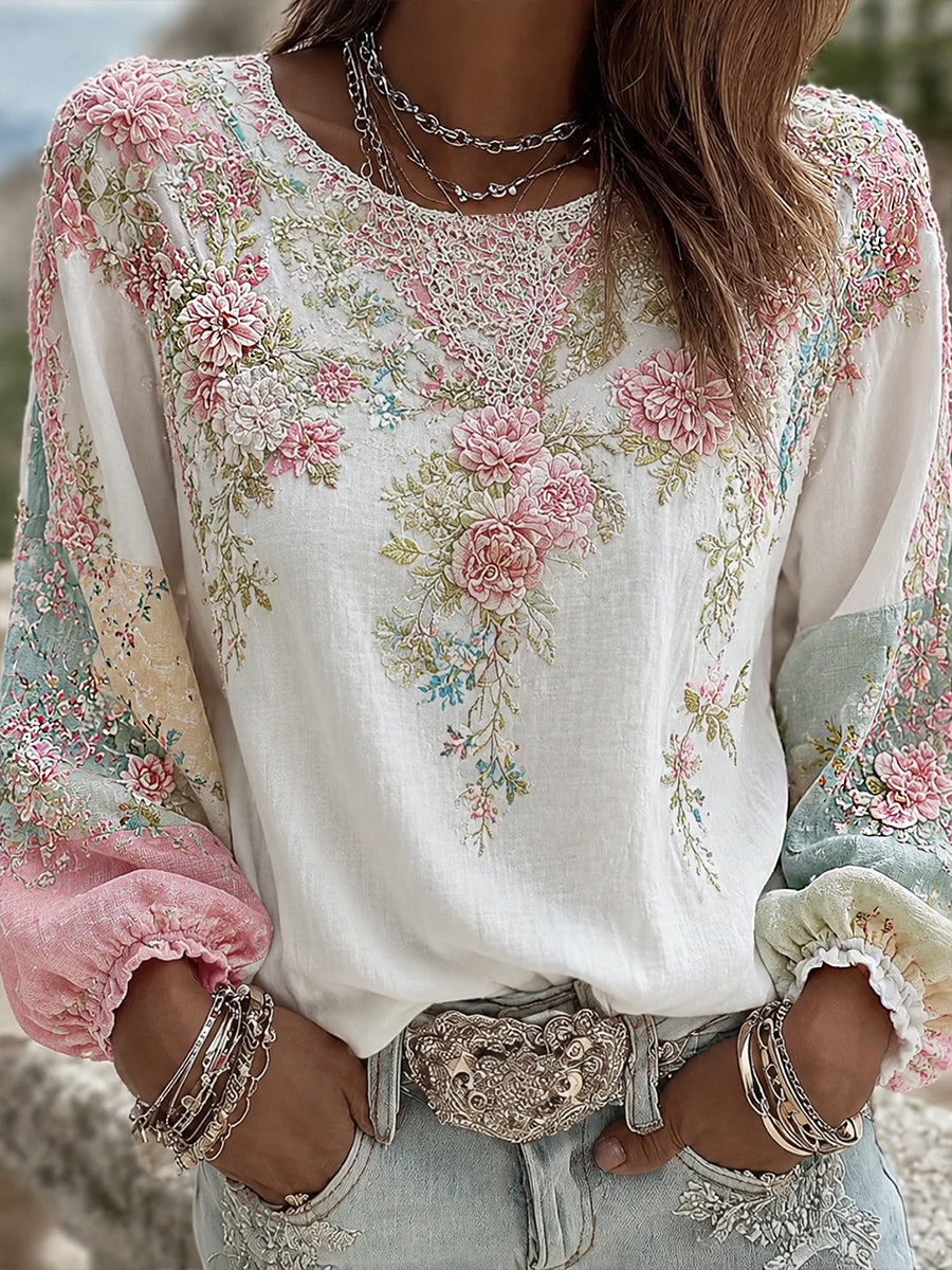Women's Vintage Floral Art Print Casual Cotton-Linen Top