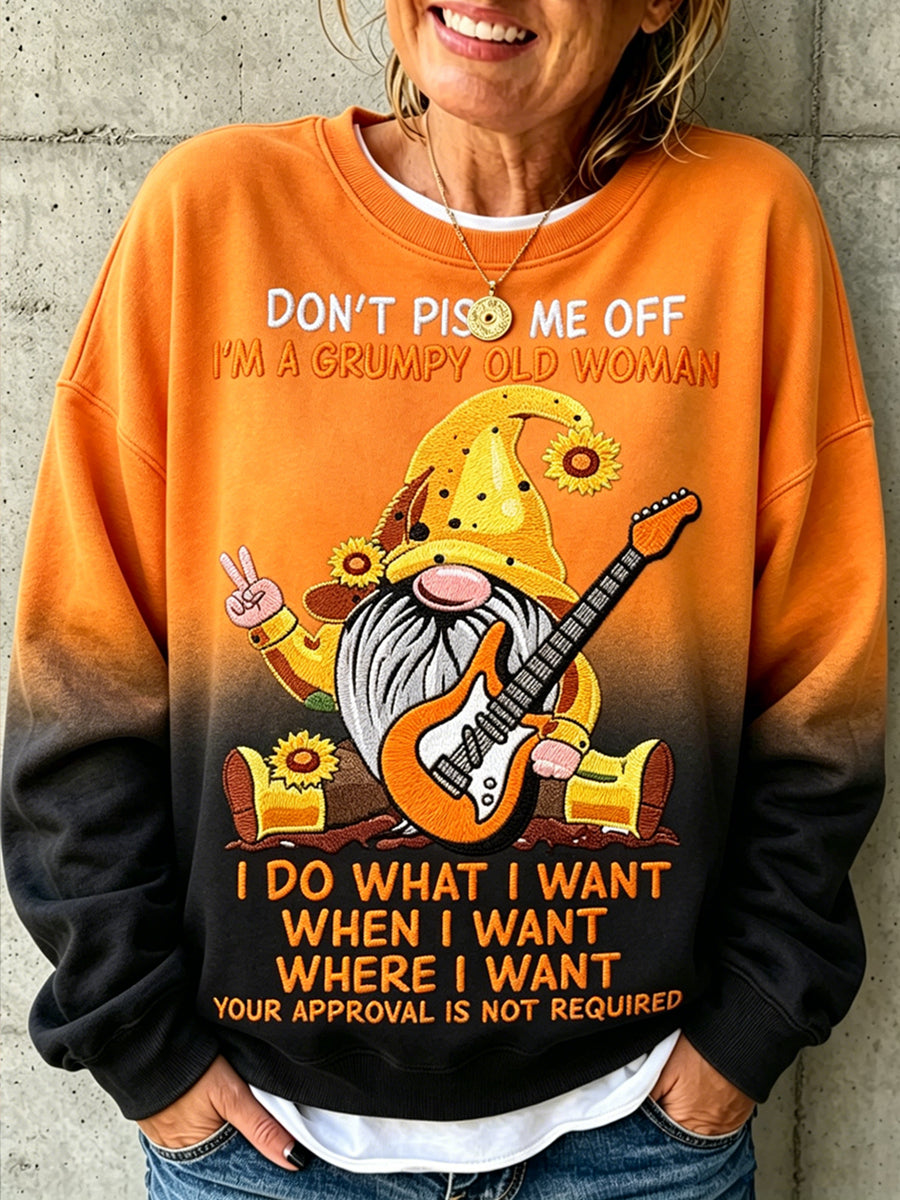 Women's Grumpy Old Woman Print Round Neck Long Sleeved Sweatshirt