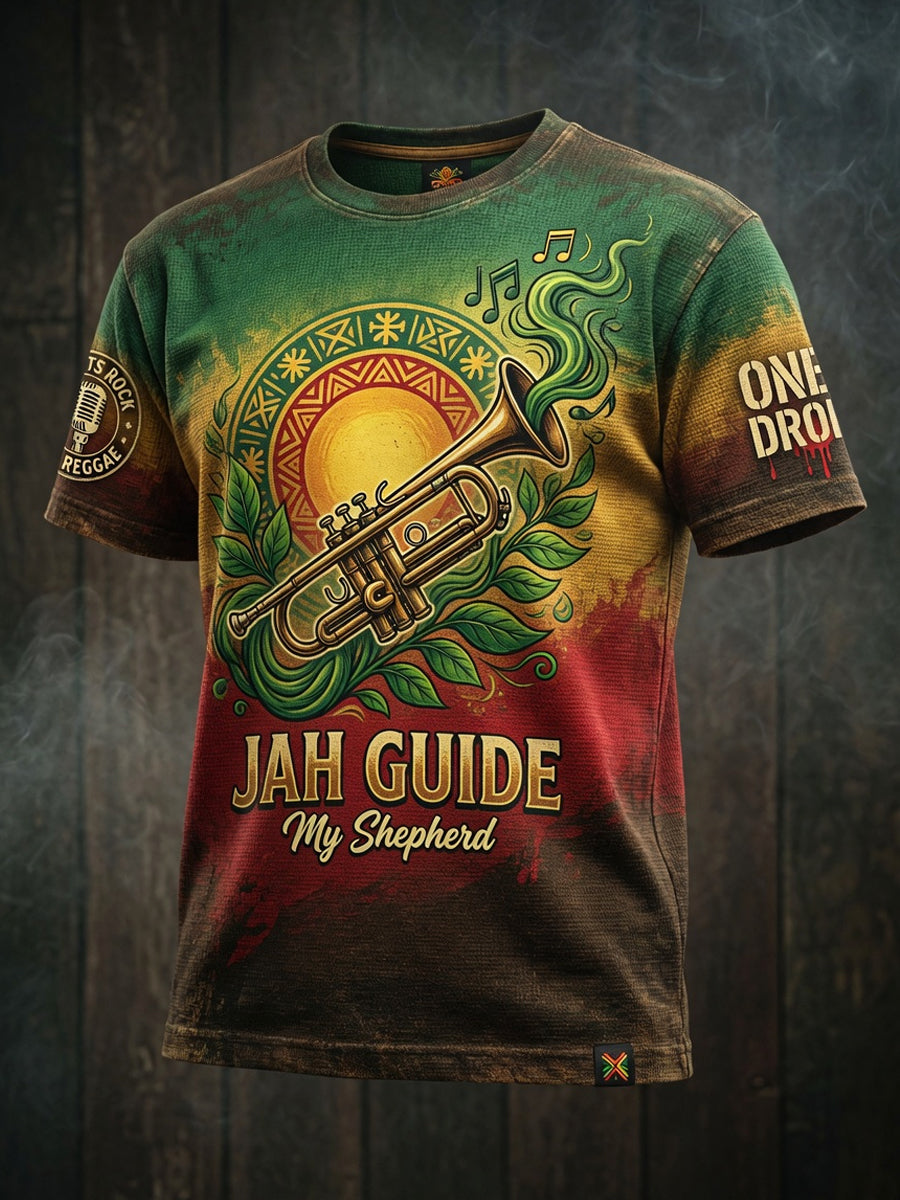 Abstract Casual Waffle-Weave T-Shirt for Retro Reggae Fans