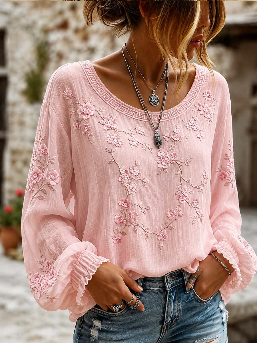 Women's Vintage Floral Art Print Casual Cotton-Linen Top