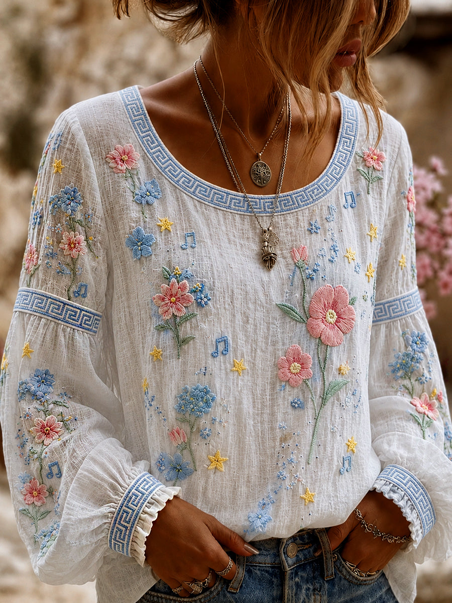 Women's Vintage Floral Art Print Casual Cotton-Linen Top