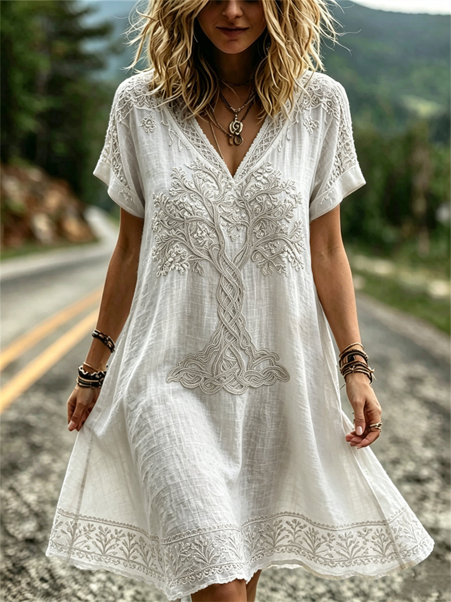 Women's Classy Viking Tree of Life Celtic Print Short Sleeve Mini Dresses