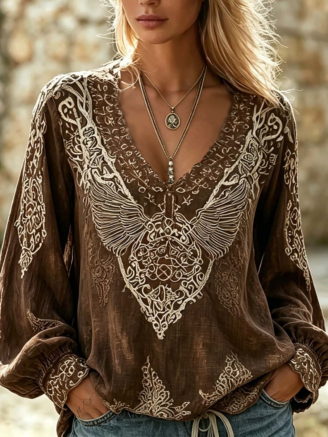 Women's Viking Retro Pattern Print Casual Cotton-Linen Shirt