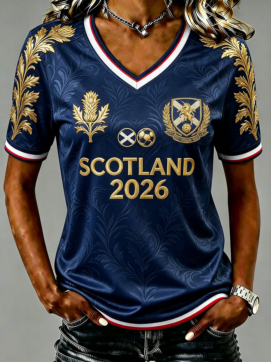 Women's Scotland Football Printed Casual V-neck T-shirt