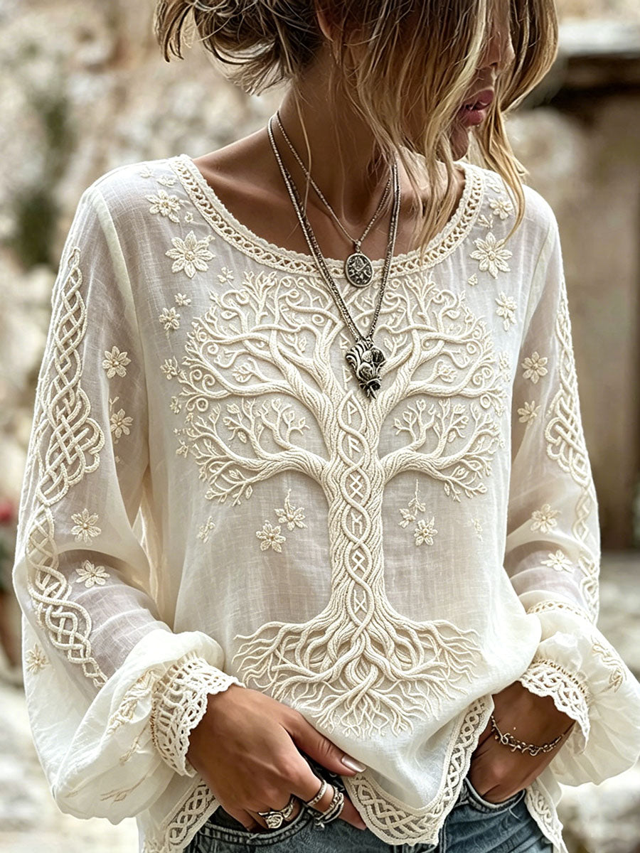 Women's Viking Celtic Knot Tree Of Life Print Cotton-Linen Shirt