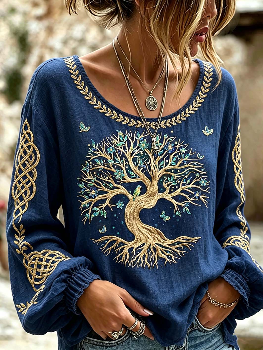 Women's Viking Retro Pattern Print Cotton-Linen Shirt