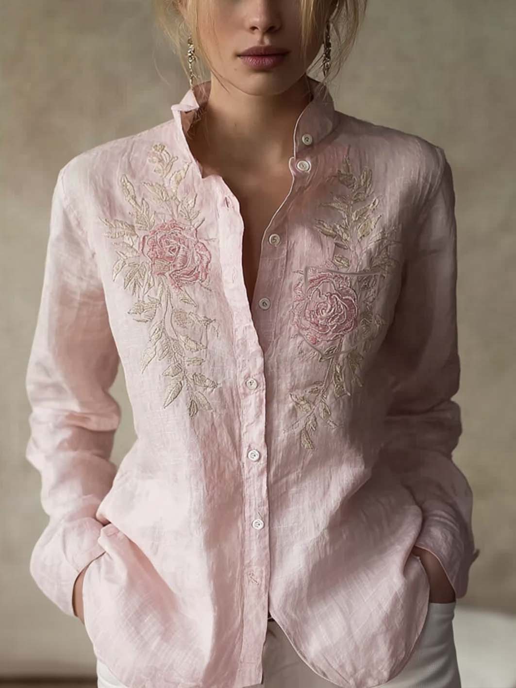 Women's floral embroidery pattern printed casual Cotton-Linen Shirt