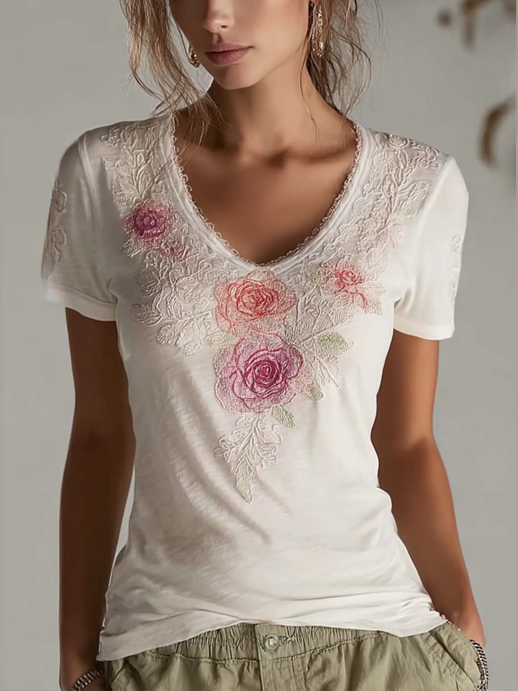 Women's floral embroidery pattern printed casual short-sleeve T-shirt