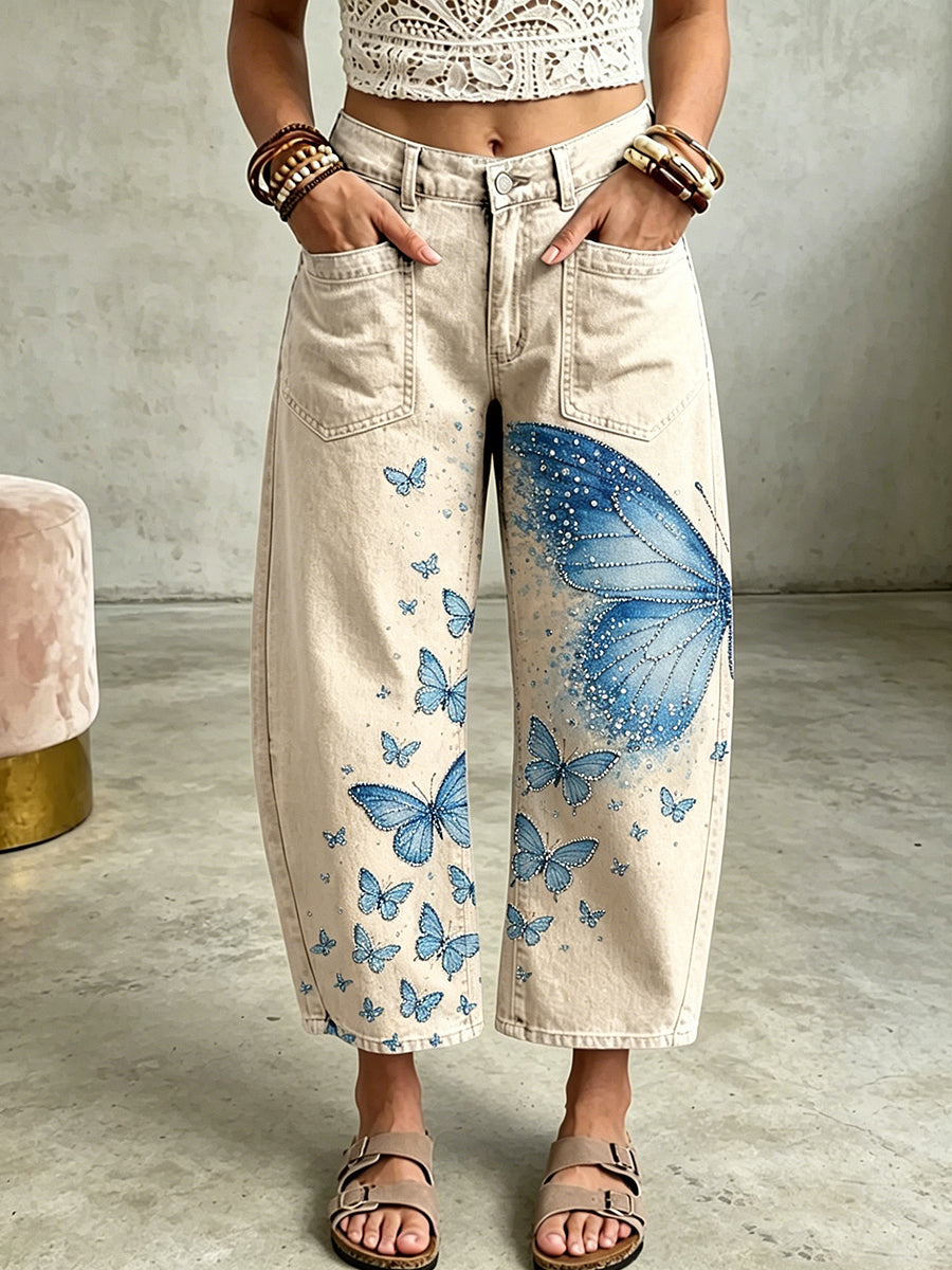 Women's Animal Butterfly Art Print Pocketing Trousers