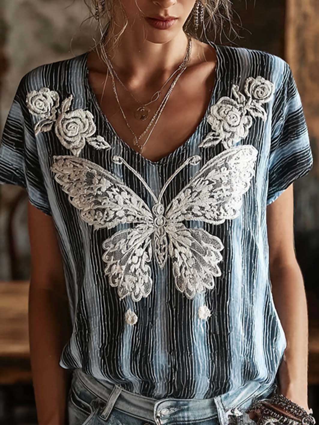 Women's striped color-blocking design butterfly floral pattern print linen short-sleeved T-shirt