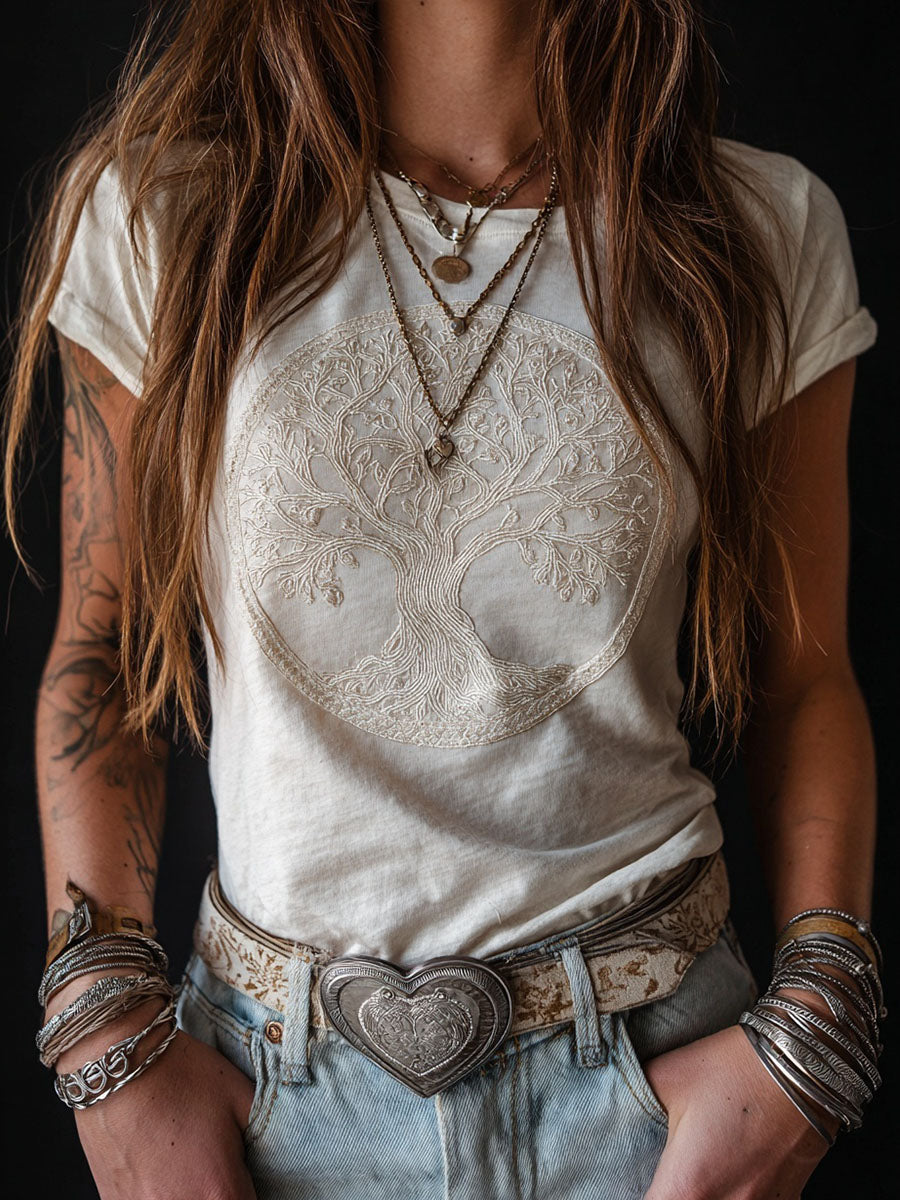 Women's Vintage VIking Tree Of Life Pattern Print Short-sleeved T-shirt