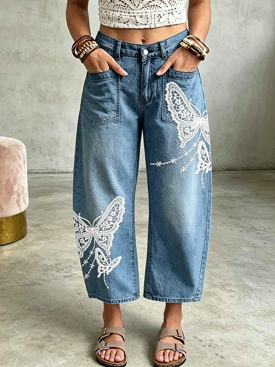 Women's Animal Butterfly Art Print Pocketing Trousers