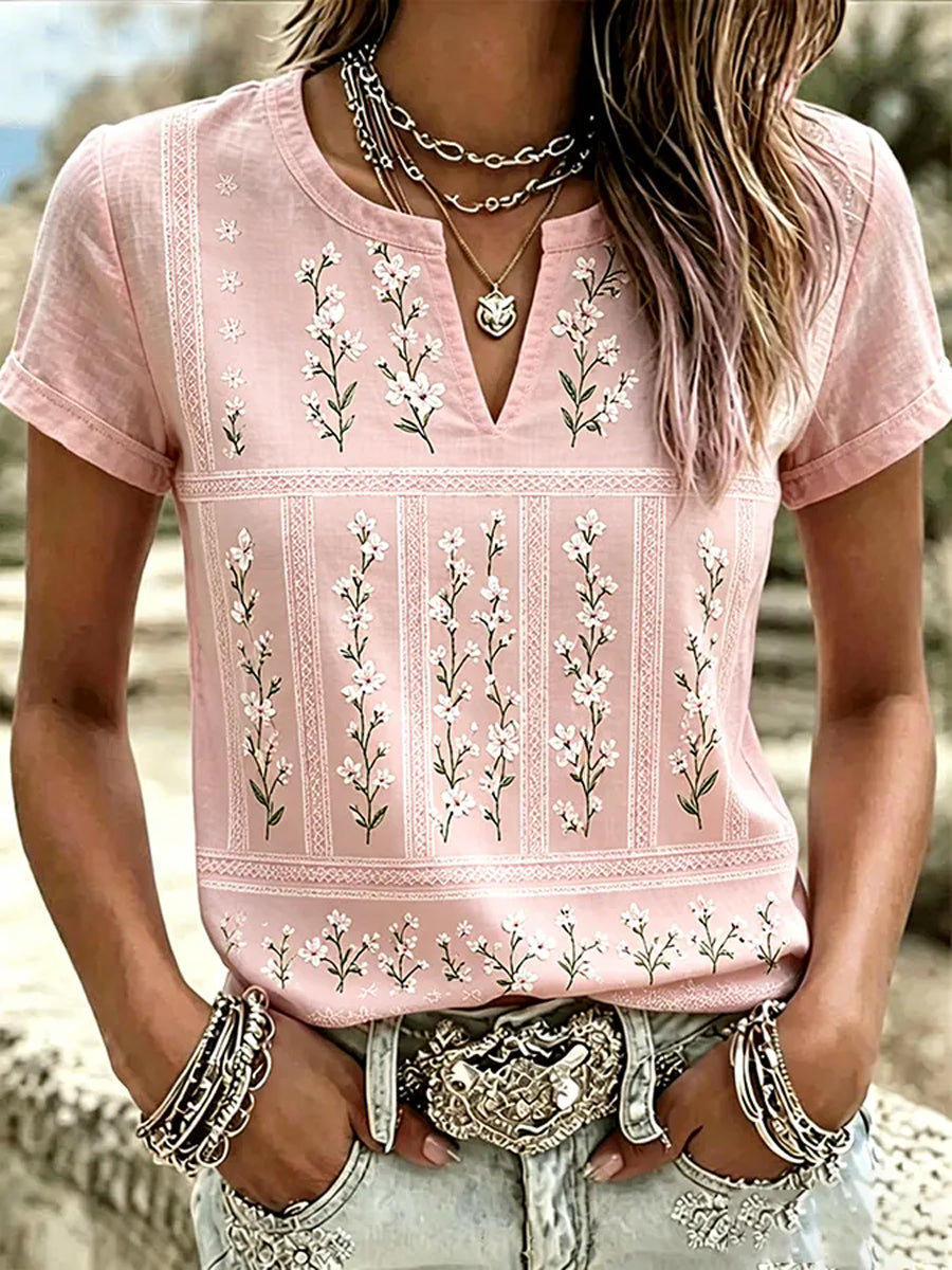 Women's Breast Cancer Pink Flowers Print V-Neck Casual T-Shirt