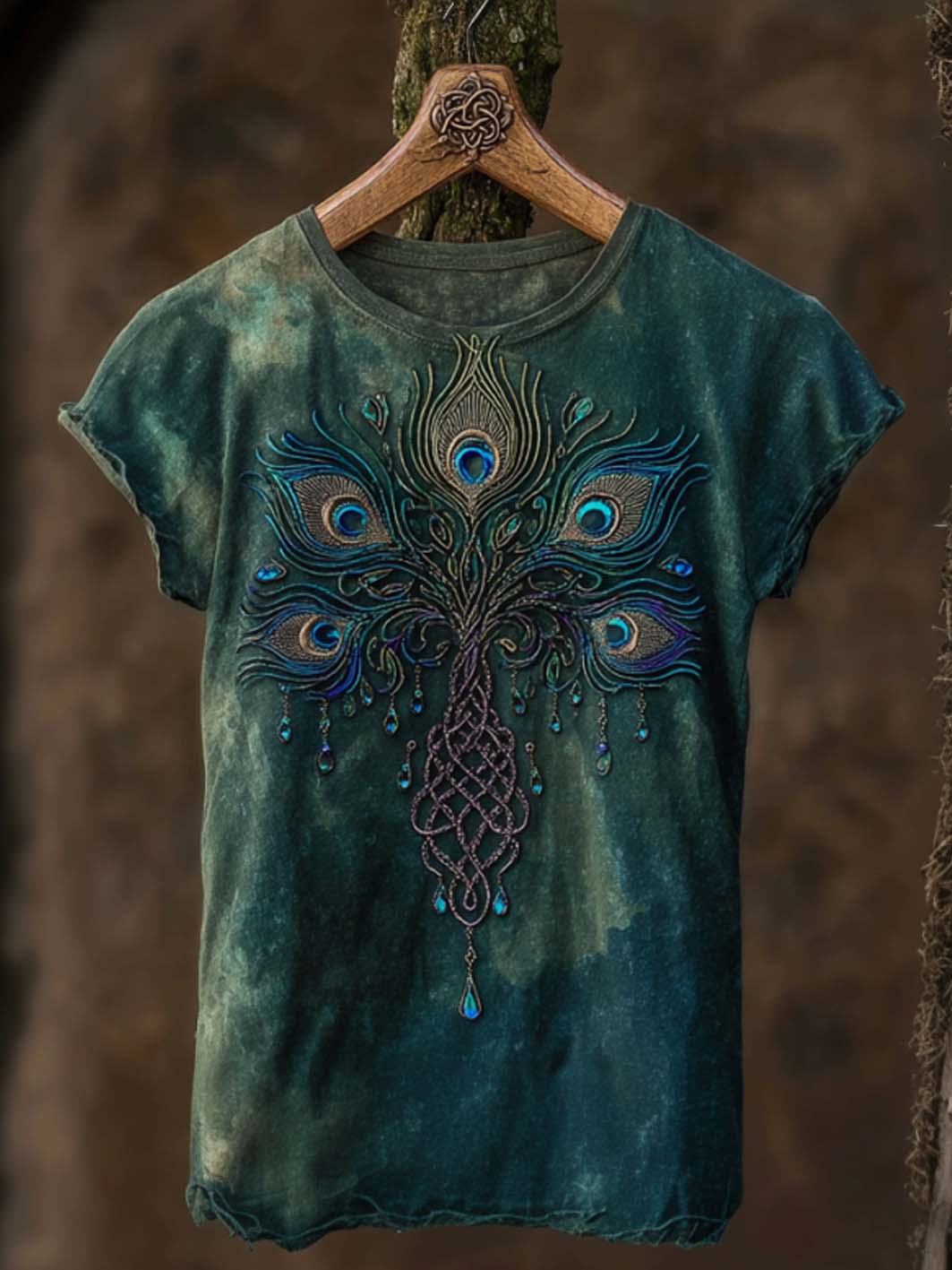 Women's retro Viking style peacock feather pattern printed casual washed short-sleeve T-shirt