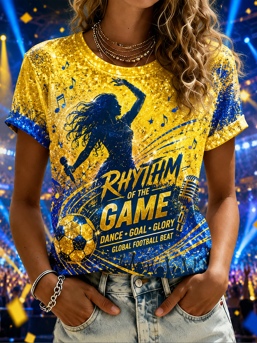 Women's Short-Sleeved T-Shirt With Football Music Print