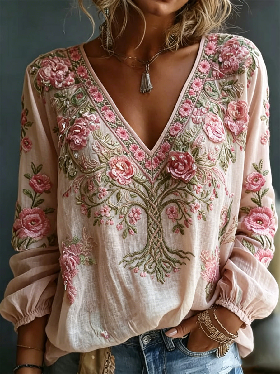 Women's Boho Pink Floral Celtic Tree of Life Art Print Cotton-Linen Shirt