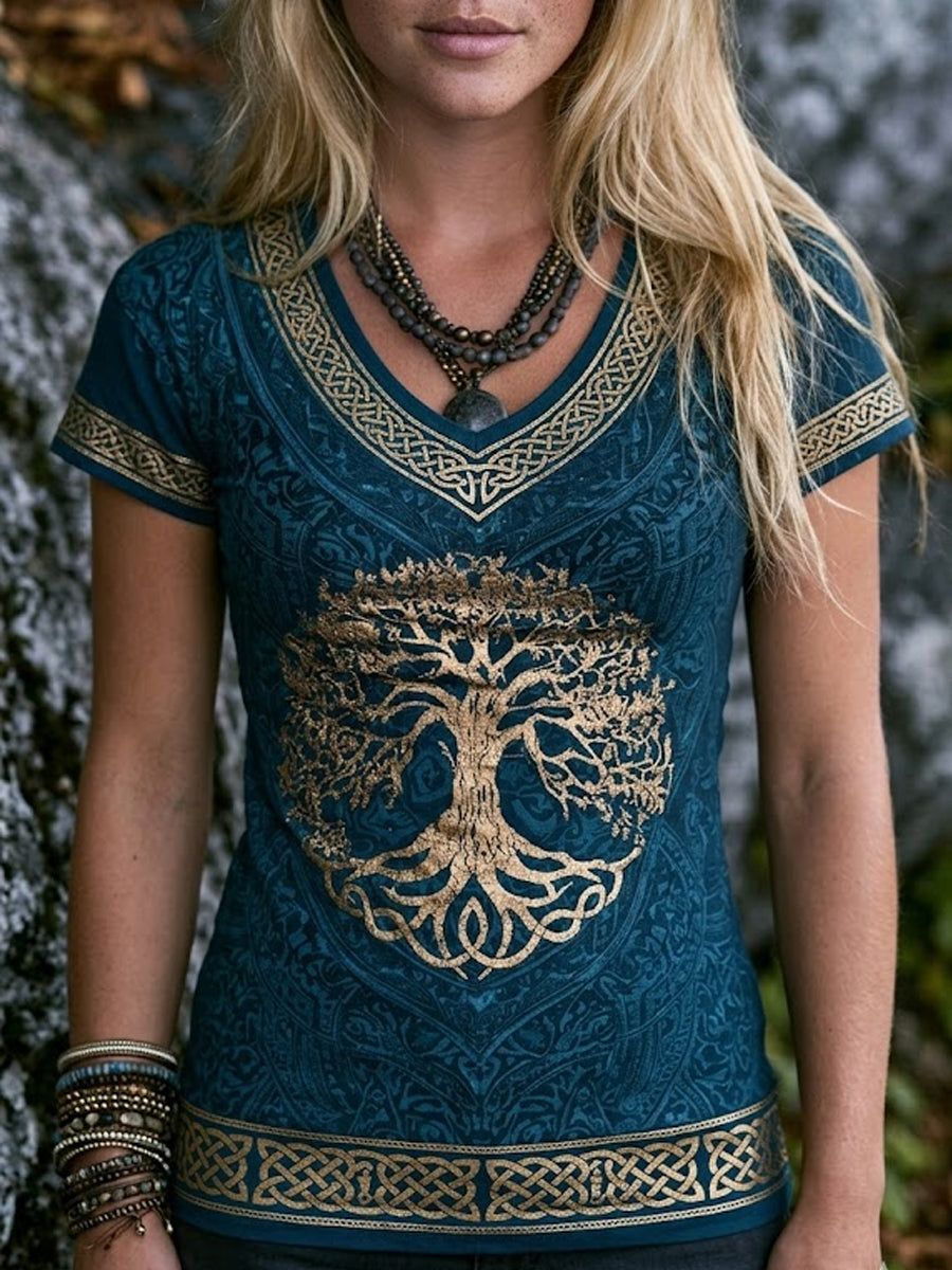 Women's Vintage Viking Tree Of Life Celtic Print Short-sleeved T-shirt