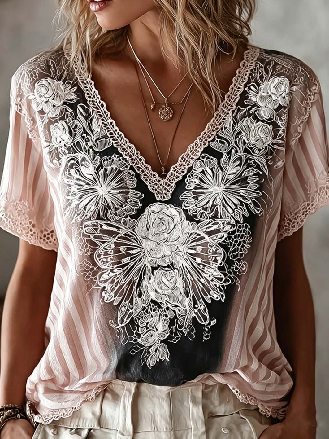 Women's floral pattern print linen short-sleeved T-shirt