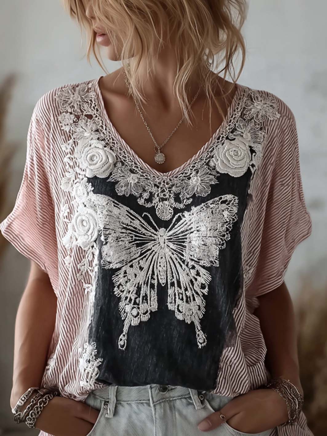 Women's floral pattern print linen short-sleeved T-shirt