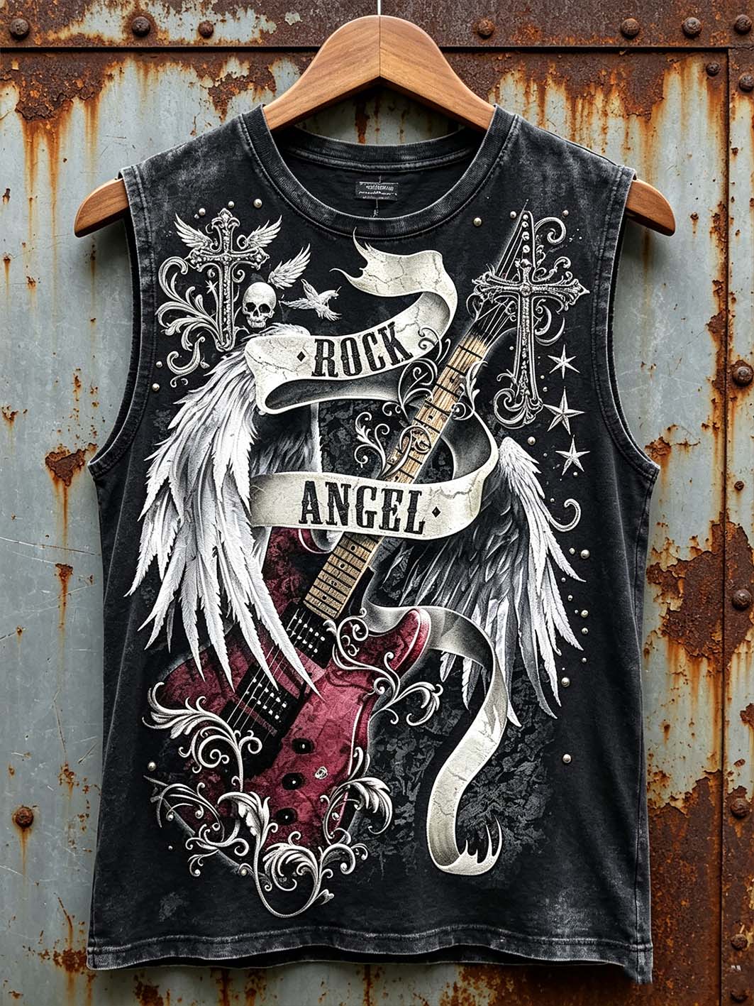 Men's retro rock music skull element printed vest