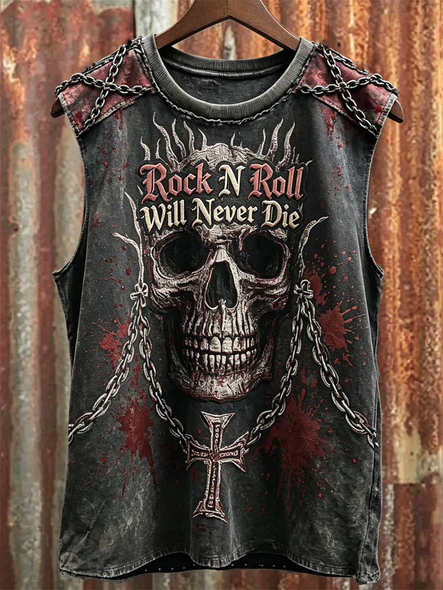 Men's Rock N Roll Will Never Die Skull Cross & Chains Bloody Print Racket Vest