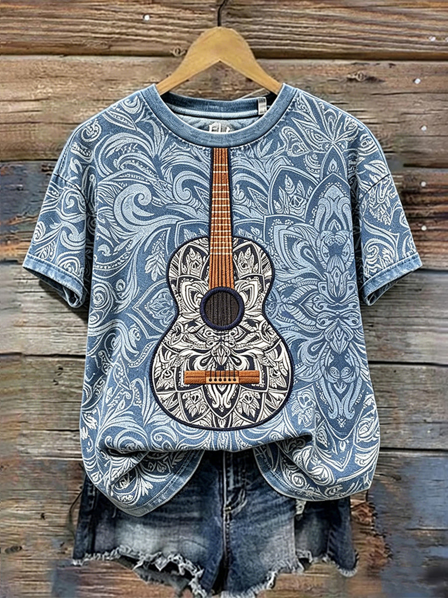 Women's Vintage Musical Guitar Art Print Short-sleeved T-shirt
