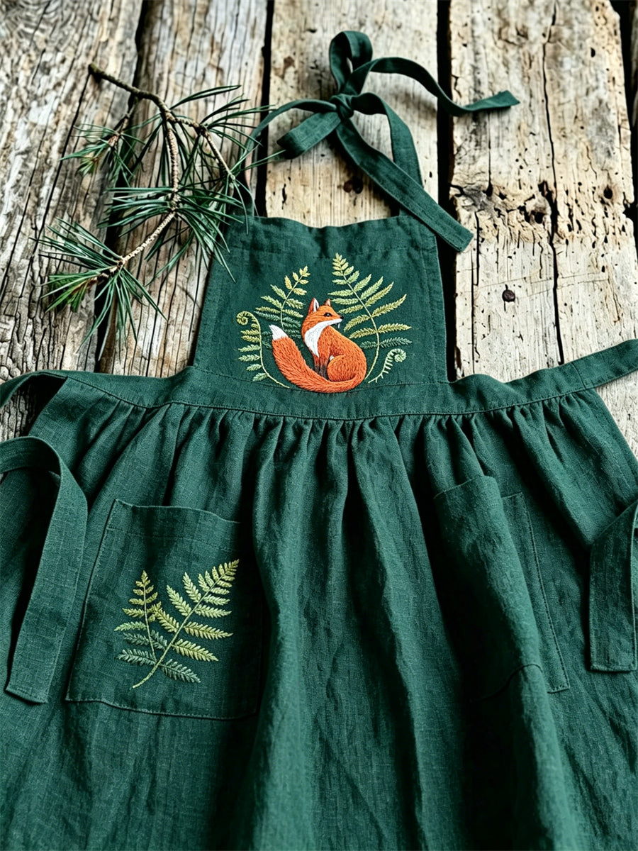 Women's Vintage Forst Fox & Fern Print Pleated Maxi Pinafore Dress