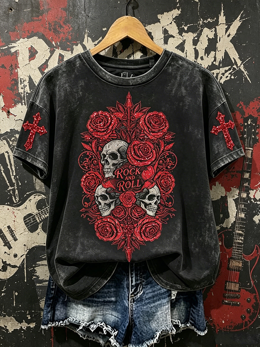 Women's Vintage Rock And Roll Rose Skull Print Short-sleeved T-shirt