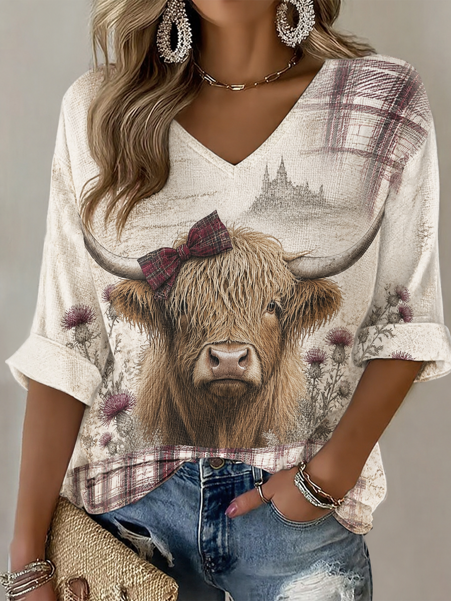 Women's Highland cow print Mid-length Sleeves V-Neck T-Shirt