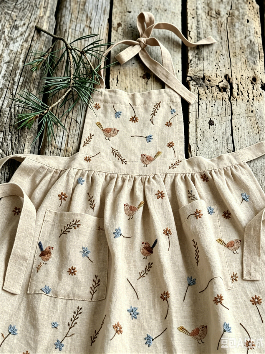 Women's Vintage Birds Floral Print Patch Pockets Pleated Maxi Pinafore Dress