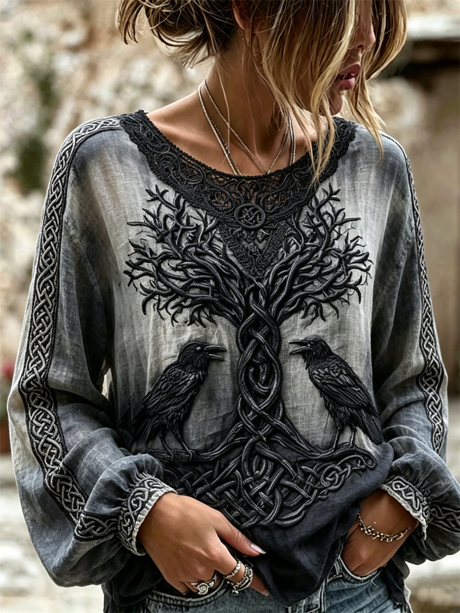 Women's Vintage Ravens Viking Tree of Life Celtic Knot Print Cotton-Linen Shirt