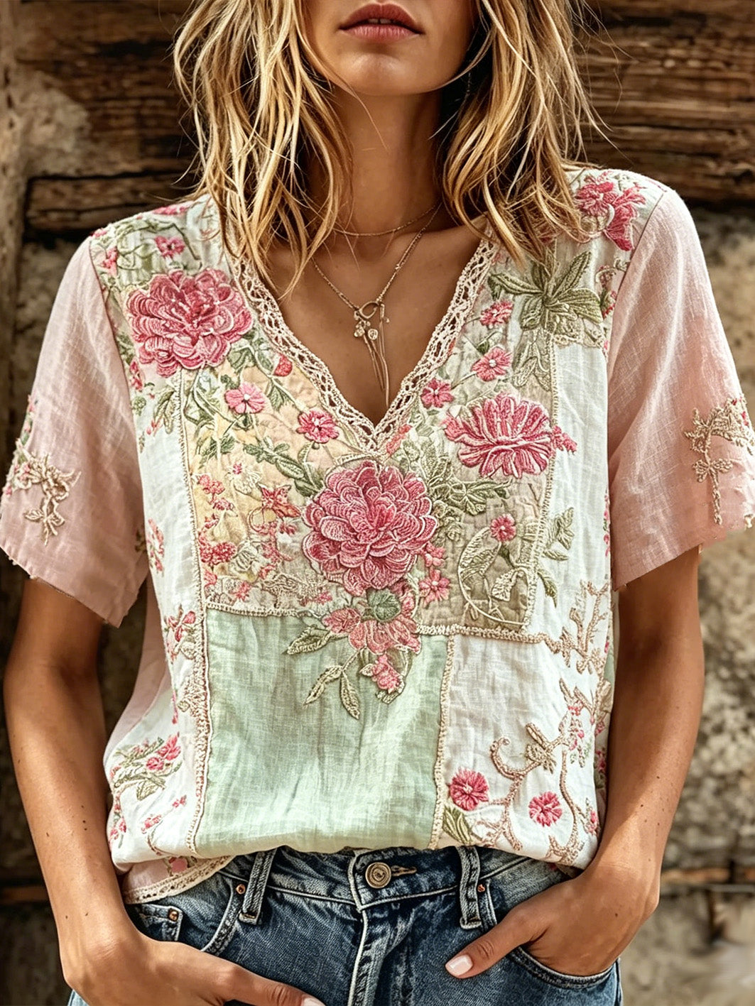Women's plant flower pattern printed linen short-sleeve T-shirt
