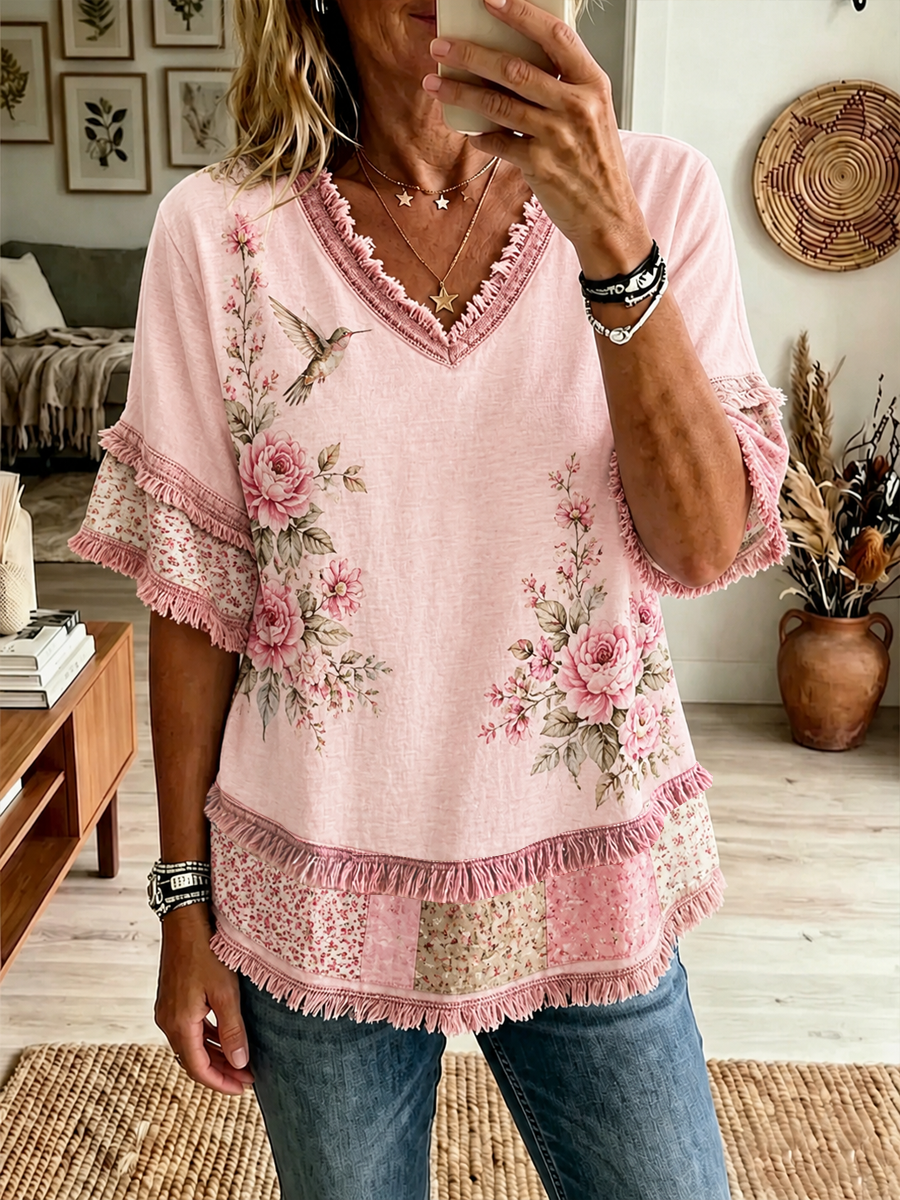 Women's floral print Cotton-Linen Shirt