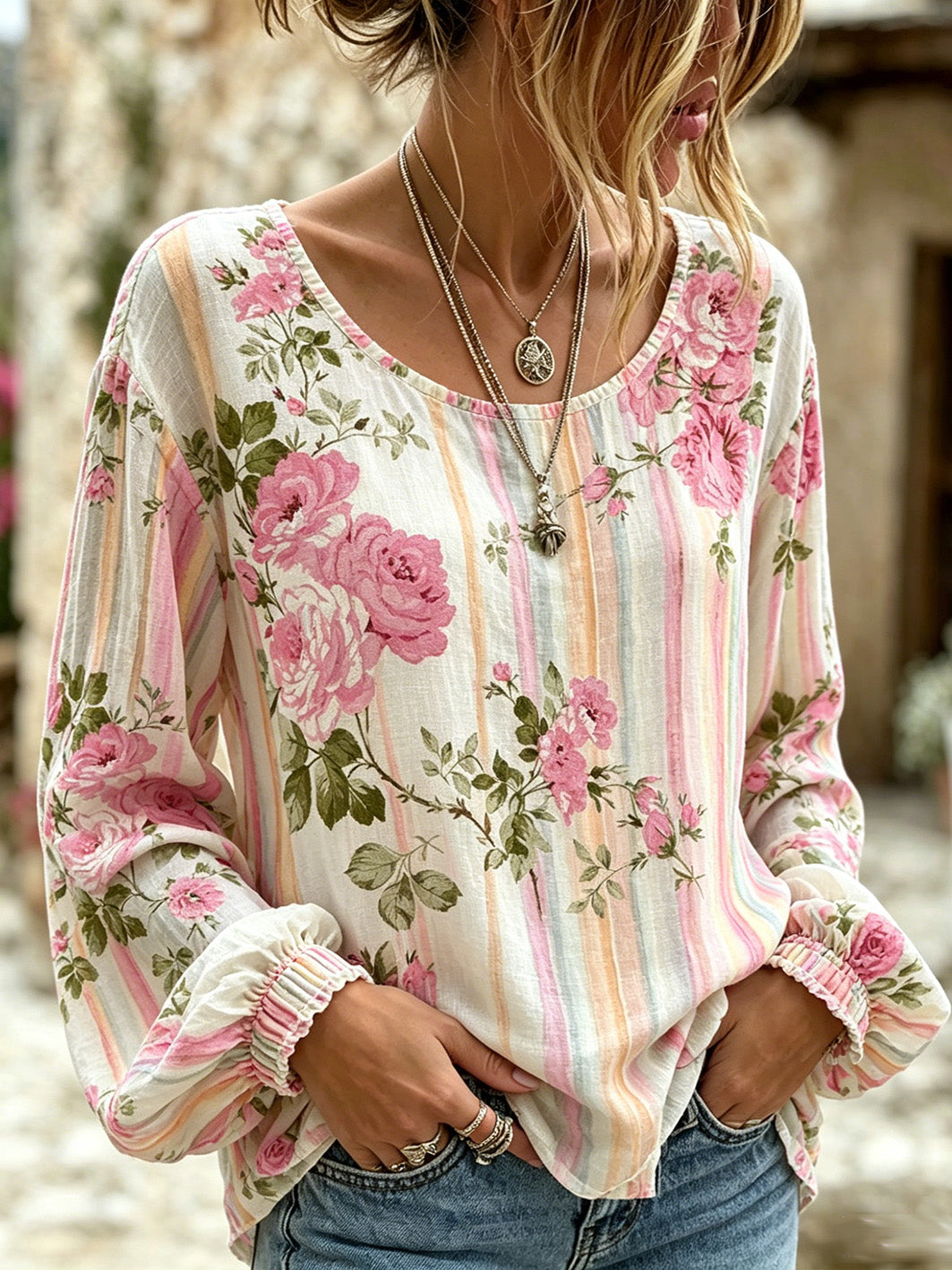 Women's plant flower pattern printed linen short-sleeve shirt