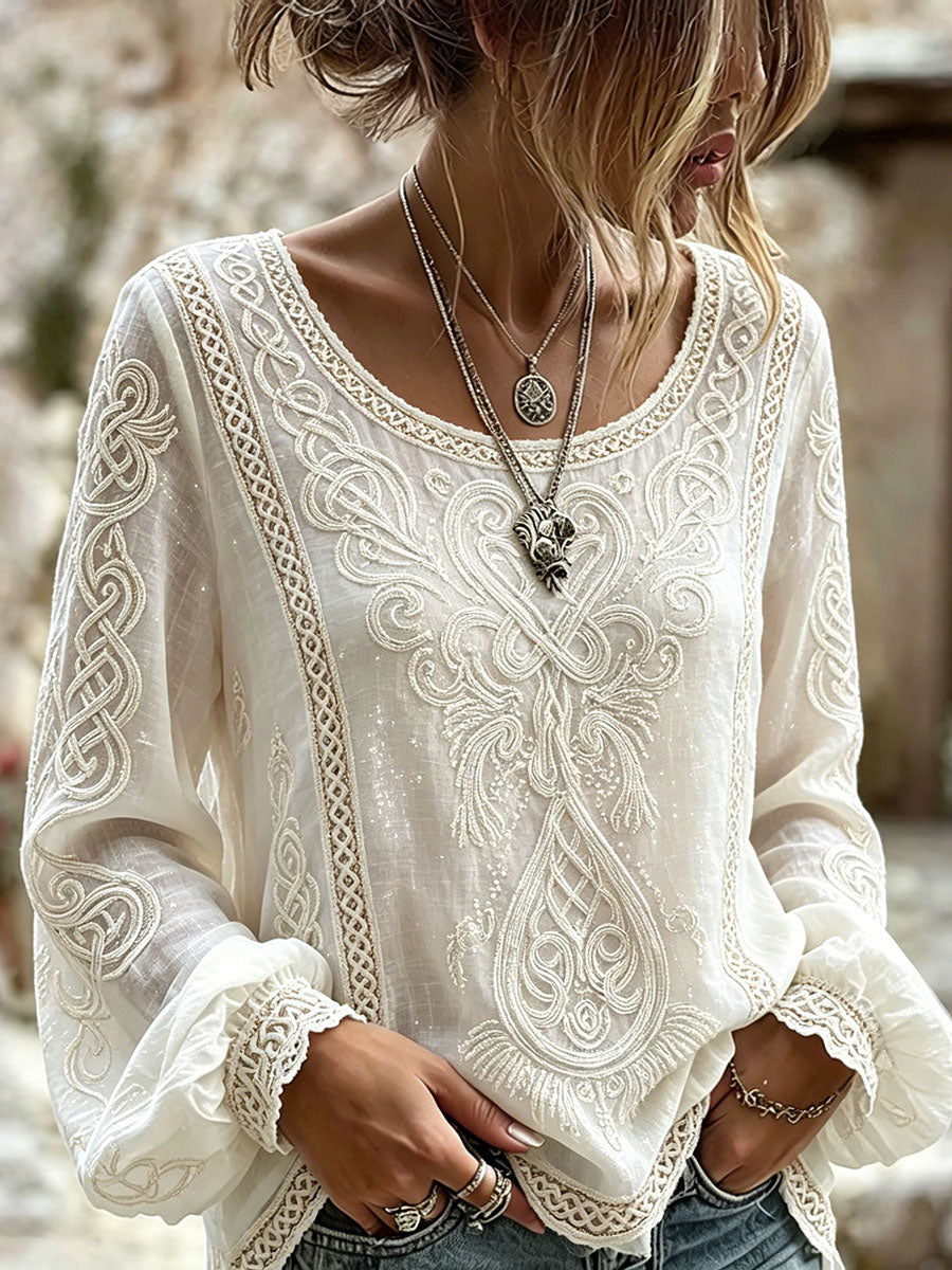 Women's Vintage Viking Celtic Knot Pattern Print Cotton-Linen Shirt