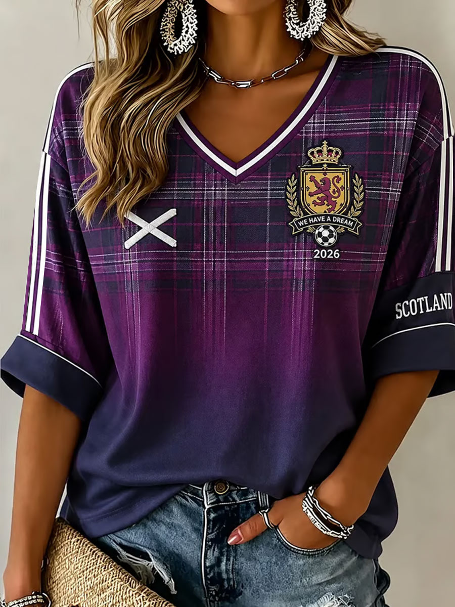 Women's Scotland Printed Mid-length Sleeves V-Neck T-Shirt