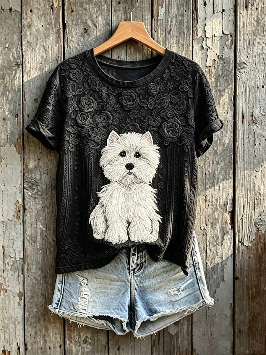 Women's Lovely White Dog Art Floral Print Short-sleeved T-shirt