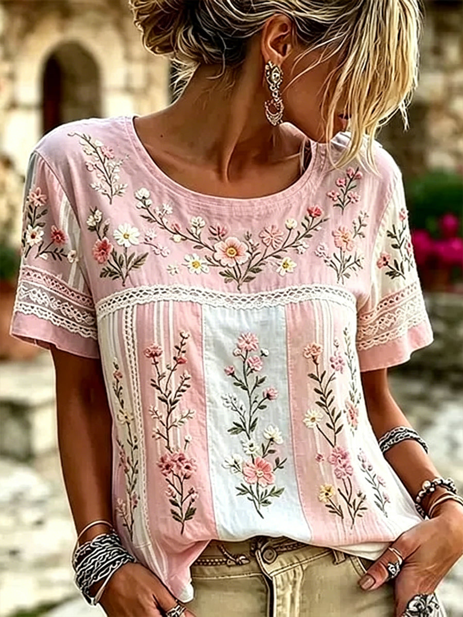Women's Breast Cancer Pink Flowers Print Casual T-Shirt