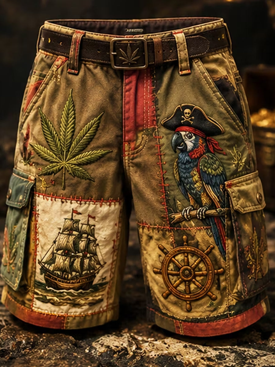 Men's Parrot Leaf Boat Dark Art Print Casual Shorts