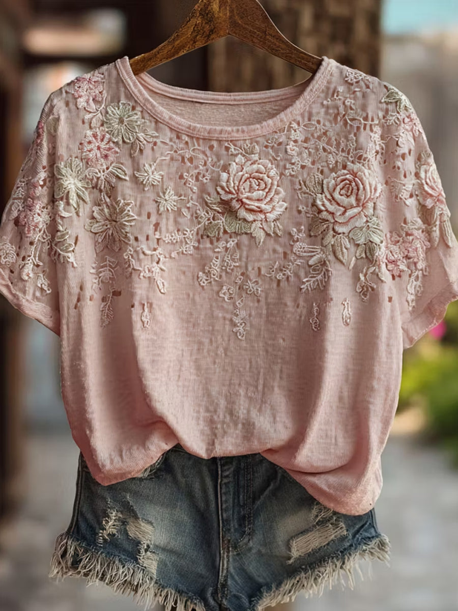 Women's Retro Floral Art Print Casual Cotton Linen Top