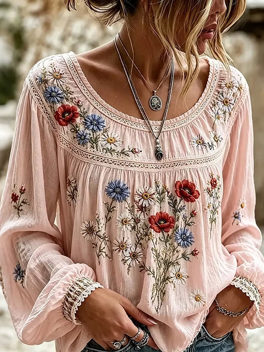 Women's Retro Floral Art Print Casual Cotton Linen Top
