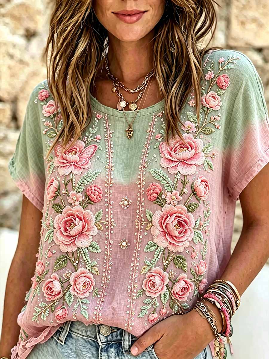 Women's Fashion Pink Floral Print T-Shirt