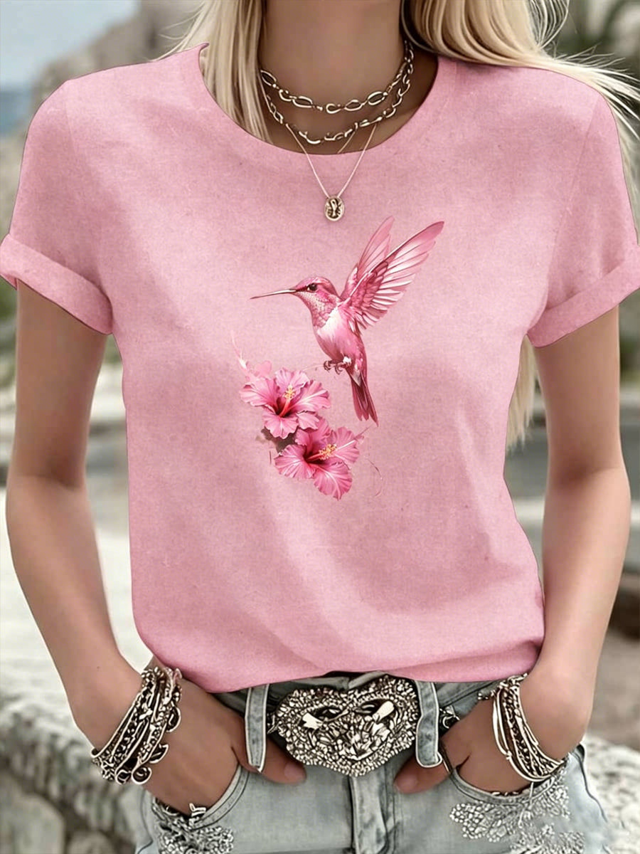 Women's Breast Cancer Pink Flowers Printed T-shirt