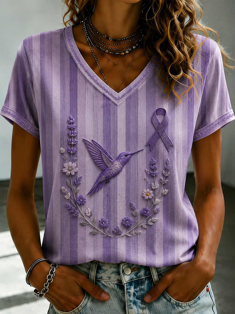 Women's Purple Flora Art Printed V-neck T-shirt