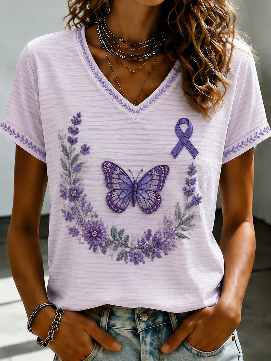 Women's Purple Flora Art Printed V-neck T-shirt
