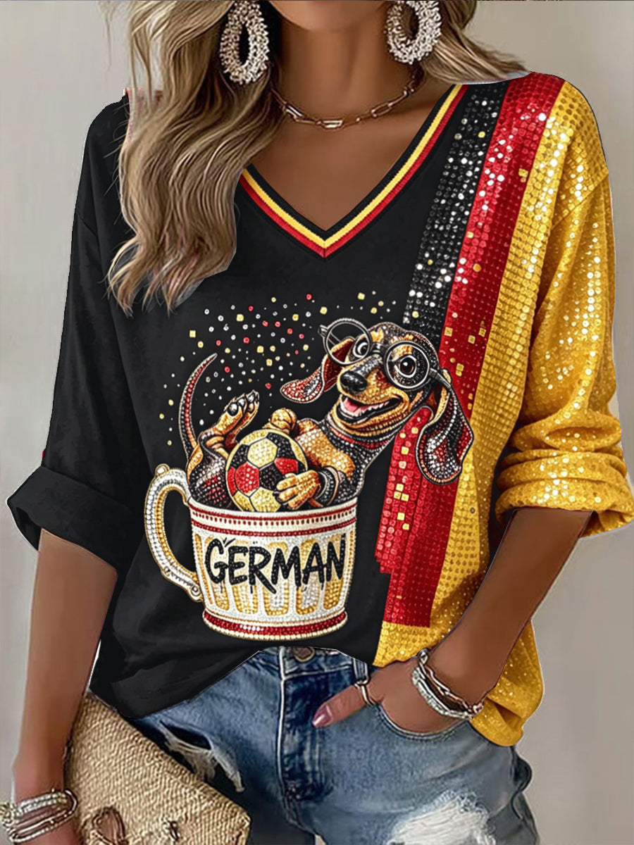 Women’s Cute German Dachshund Football Patchwork Print Casual V-neck T-shirt