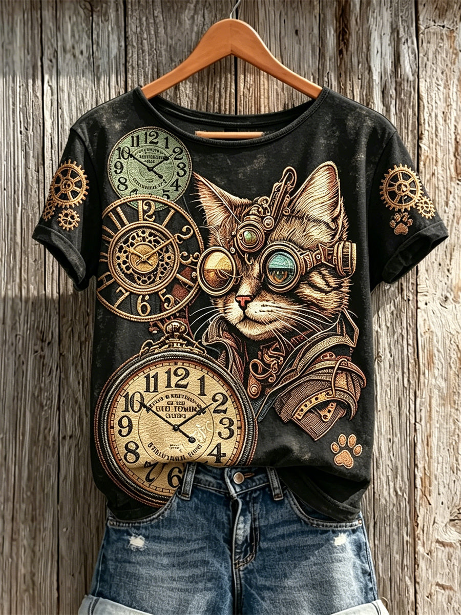 Women's Vintage Steampunk Cat Gear Art Print short-sleeved T-shirt
