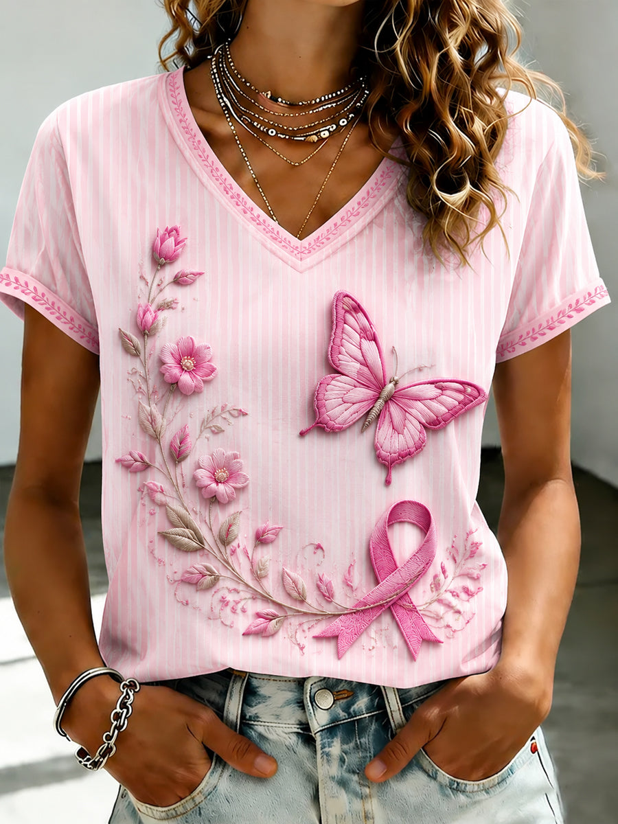 Women's Breast Cancer Pink Flowers Printed V-neck T-shirt