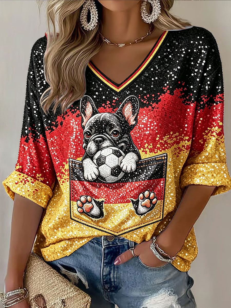 Women’s German Flag Cute Dog Football Print Casual V-neck T-shirt