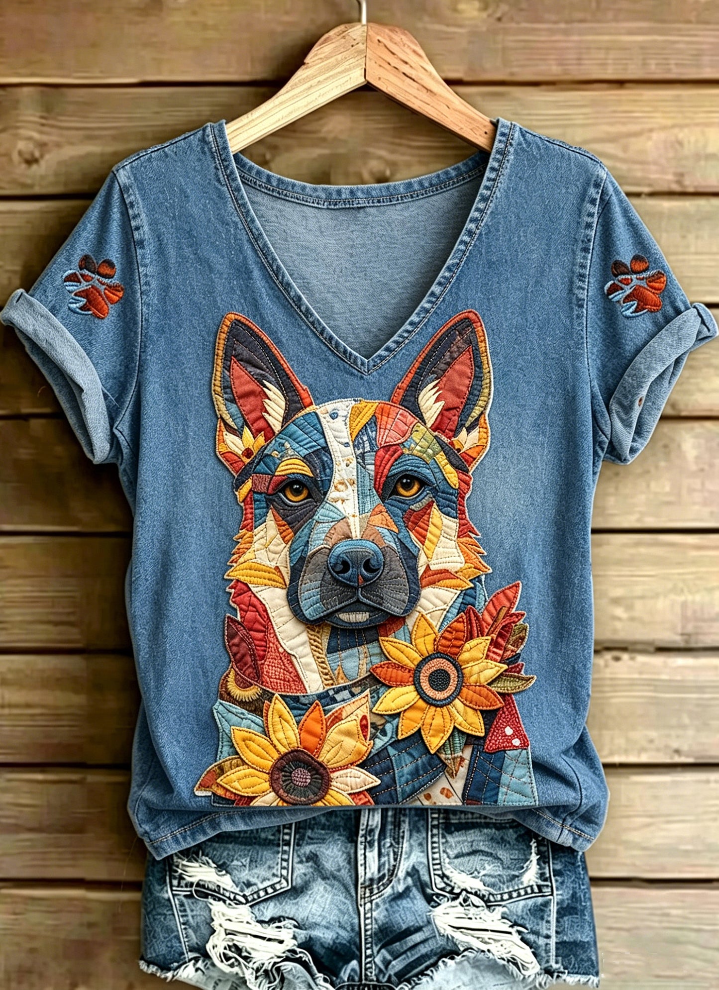 Women's Animal Dog German Shepherd Printed Vintage Fashion Loose Short Sleeve T-Shirt